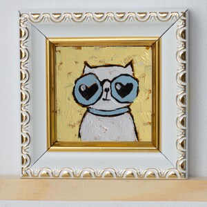 Chat blanc avec des lunettes, peinture à l'huile miniature / Mini oeuvre d'art carrée / Peint à la main 5 x 5 cm