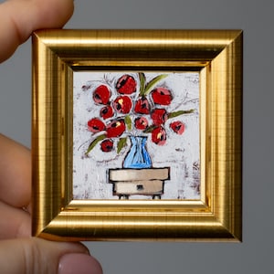 Papoulas vermelhas em vaso azul Miniatura / Flores mini Pintura a óleo / Pintado à mão 2x2 polegadas