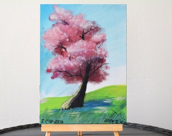Sakura-Gemälde, rosa Blumenbaum, Kinderkunst, junger Künstler, Gouache, Leinwand auf Karton 25 x 35 cm (10" x 13,8")