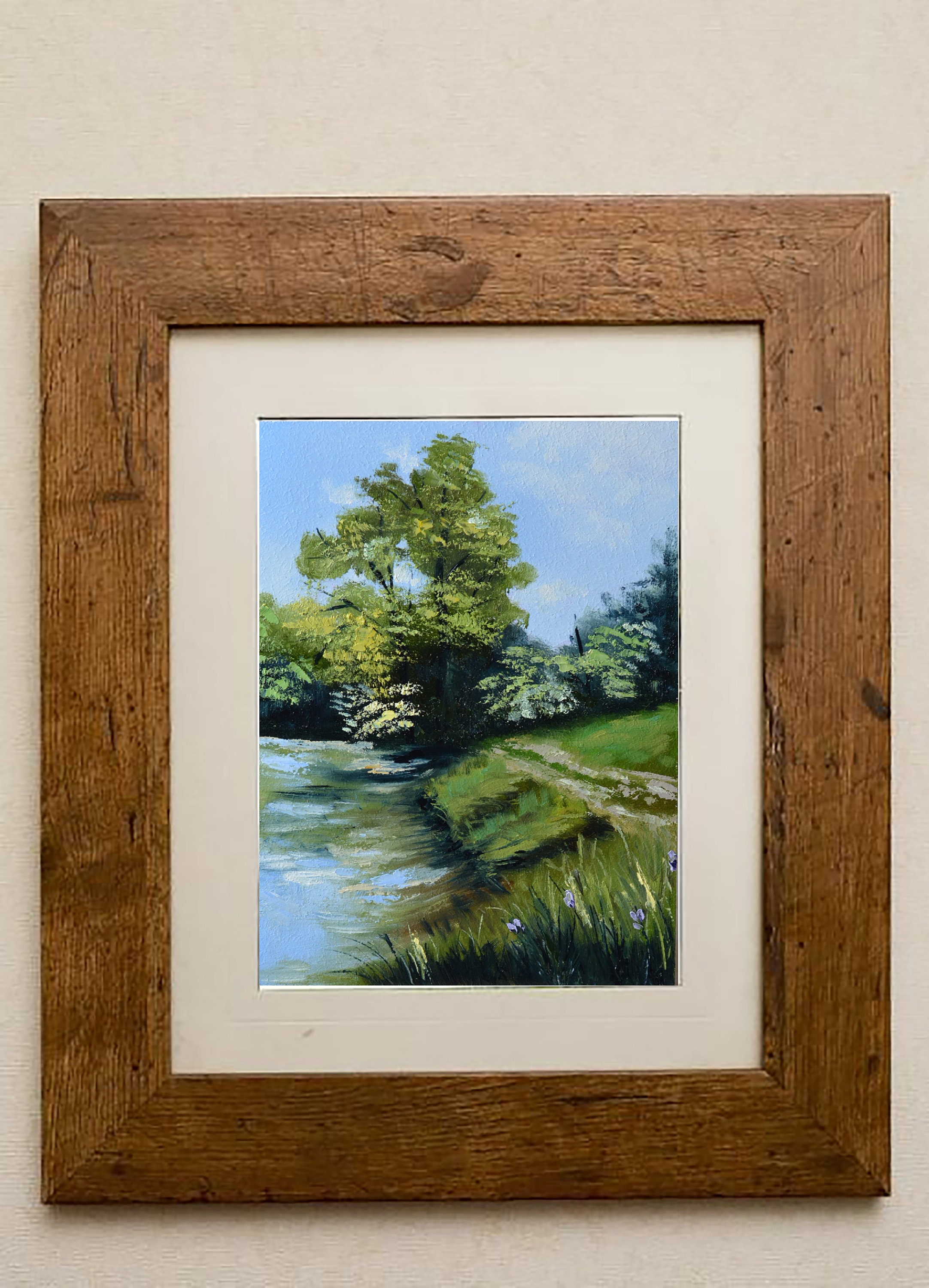 オリジナル夏の風景油絵：木々と池（7インチ×9.4インチ） - Etsy 日本
