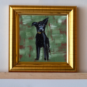 Mini pintura al óleo de perro negro / Verde vintage / Pintada a mano 2 7/8'' x 2 7/8'' / 7 x 7 cm Pintura al óleo en miniatura