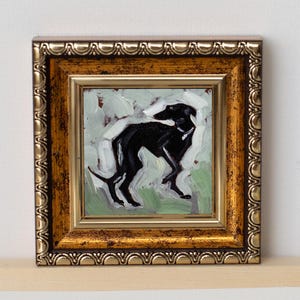 Pintura al óleo en miniatura de perro whippet negro / galgo negro / Miniatura pintada a mano / 2x2 pulgadas