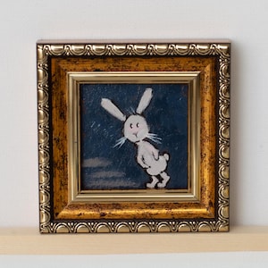 Miniatura de coelho cinza preocupado / Pintado à mão 2x2 polegadas Mini pintura a óleo