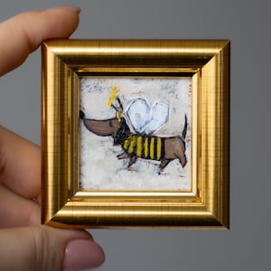Be Heppy Lindo Dachshund Miniatura / Pintura al óleo en miniatura pintada a mano de 2 x 2 pulgadas