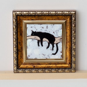 Hora da soneca / Mini pintura a óleo de gato preto dormindo / Miniatura pintada à mão de 2x2 polegadas