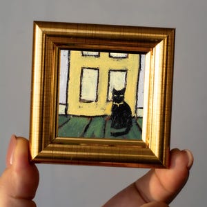 Mini peinture à l'huile Cat by Yellow Doors / Miniature peinte à la main 5 x 5 cm