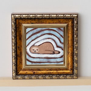 Preguiça fofa e preguiçosa - Não, hoje não Miniatura / Panda dormindo mini Pintura a óleo / Pintado à mão 2x2 polegadas Miniatura
