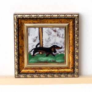 Dachshund en un paseo Lindo Miniatura / Pintura al óleo Mini pintada a mano de 2 x 2 pulgadas