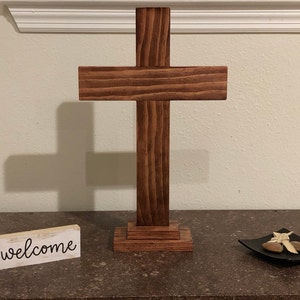 Red Mahogany Stained Wooden Cross with Stand: Rustic Home Decor
