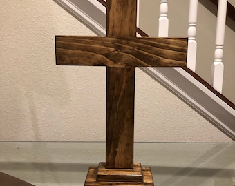 Stained Pine Wood Cross with Stand: Rustic Home Decor (11x18)