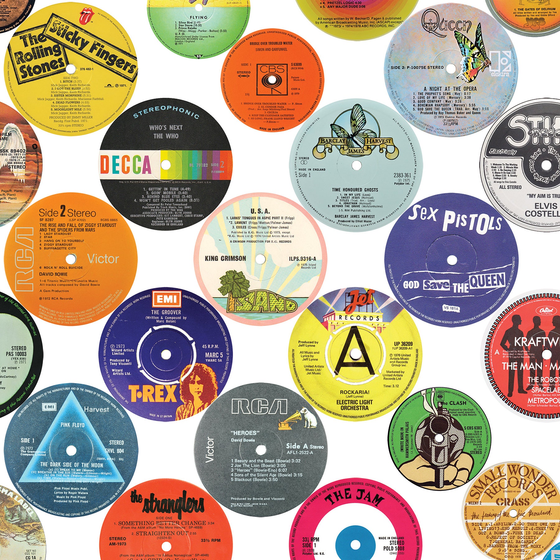 Sounds of the 1970s Poster, Featuring 38 Original Vinyl Record Labels ...