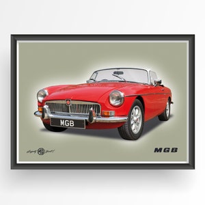 Op de afbeelding: Een rode MGB roadster cabriolet sportwagen uit de jaren 1960 met een wit dak. De auto staat geparkeerd op een lichtgroene achtergrond. De auto heeft een zwart kenteken met de tekst "MGB".