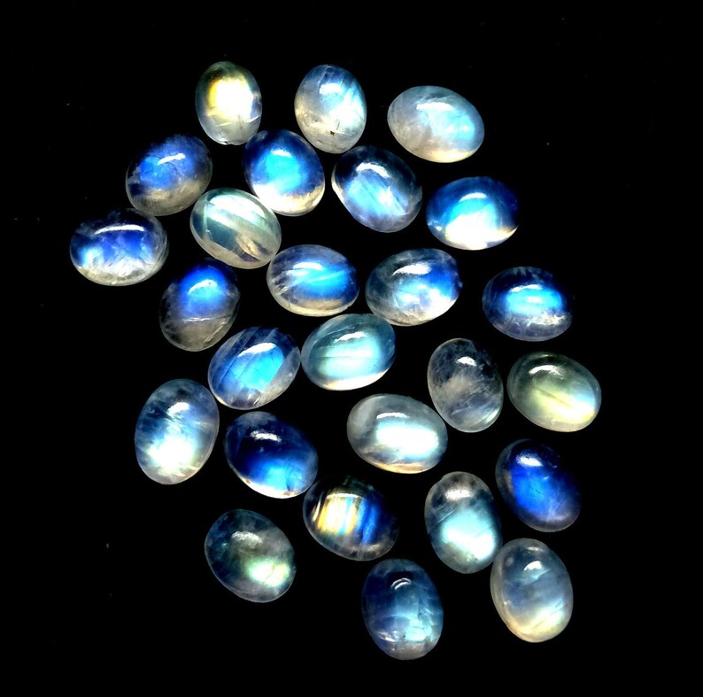Loose Gemstone 9x7 MM Blue Flash Rainbow Moonstone Natural Rainbow Moonstone Oval Cabochon Lot AAA Moonstone Smooth Cabochon 21 CTS