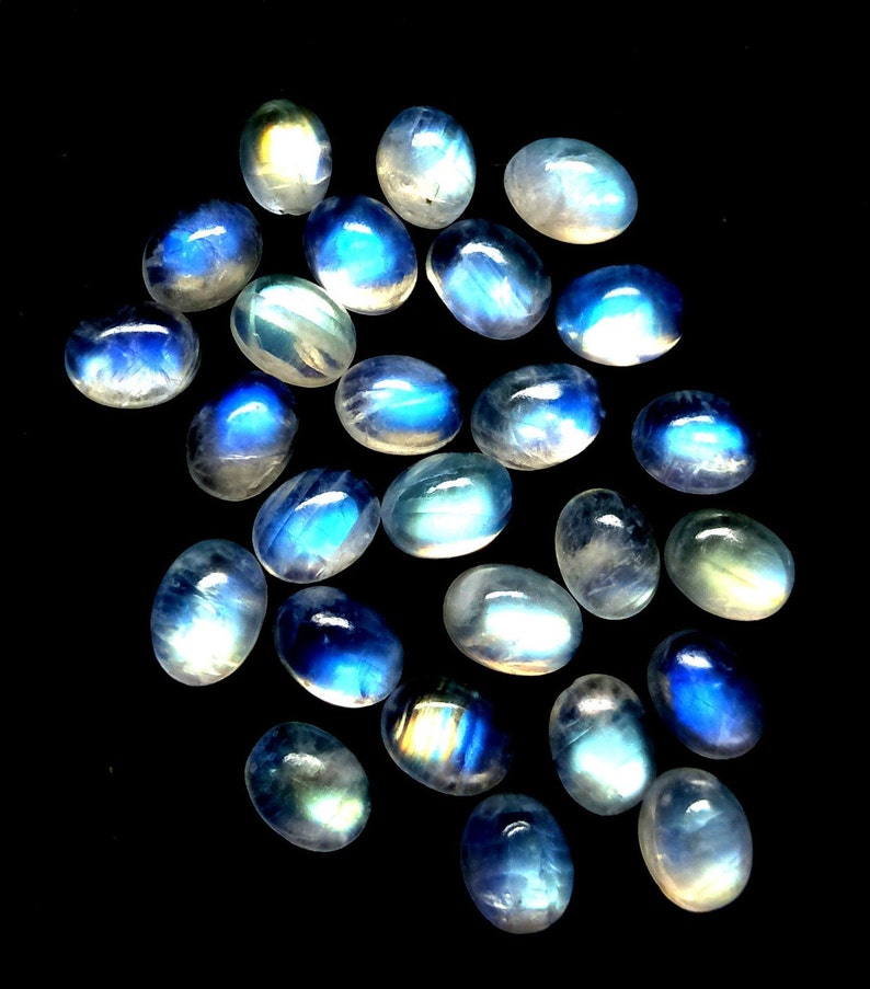 Loose Gemstone 9x7 MM Blue Flash Rainbow Moonstone Natural Rainbow Moonstone Oval Cabochon Lot AAA Moonstone Smooth Cabochon 21 CTS