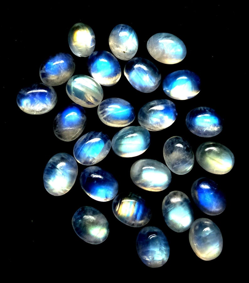 Loose Gemstone 9x7 MM Blue Flash Rainbow Moonstone Natural Rainbow Moonstone Oval Cabochon Lot AAA Moonstone Smooth Cabochon 21 CTS