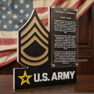 May include: A commemorative U.S. Army retirement plaque featuring a sergeant first class rank insignia, a black base with a yellow star and the text U.S. ARMY, and a clear acrylic panel engraved with the name SFC Andrew S. Johnson and 2006-2026.