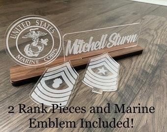 USMC Interchangable Name Plate and Rank. Perfect Addition to any Marine Desk Space! USMC Promotion Gift