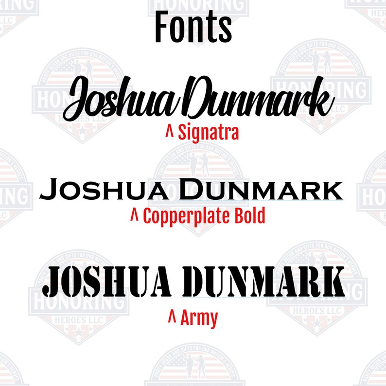 May include: A comparison of three different fonts for the name "Joshua Dunmark". The fonts are Signatra, Copperplate Bold, and Army.