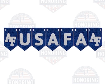May include: A blue and silver glitter banner with the letters "USAFA" and the Air Force Academy logo on each end.