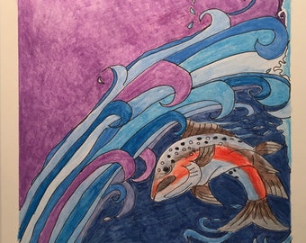 Salmon Jump original painting