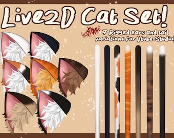 Elemento de estudio RIGGED VTube: conjunto de orejas y cola de gato. Recurso de transmisión de modelo Vtuber pre-rigado Live2D