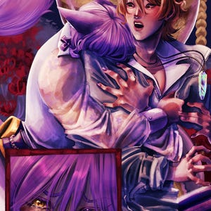 Peut inclure: Une illustration numérique montrant un personnage aux cheveux clairs enlaçant un personnage aux cheveux violets avec des oreilles de chat. Un pendentif en cristal est porté au cou. Un encart montre un gros plan d'yeux dorés larmoyants.