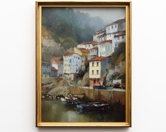 Colorful Fishing Harbor Print – Rustic Moody Coastal Landscape, Vintage Mediterranean Scene (Digital Download)