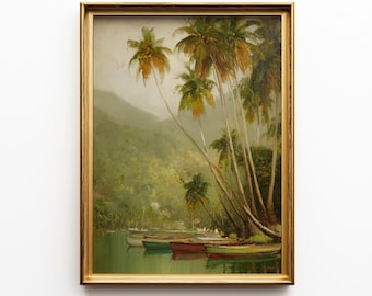 Tropical Harbor Print: Vintage Coastal Landscape with Palm Trees (Digital Download) 4