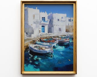 Coastal Mediterranean Harbor Painting – Greek Cycladic Art, Watercolor Style (Digital Download)