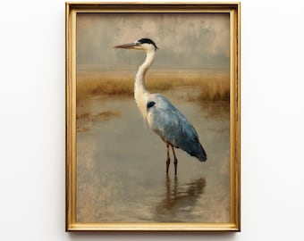Vintage Heron Oil Painting – Rustic Cottagecore Nature Art (Digital Download)