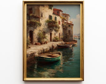 Vintage Italian Harbor Oil Painting – Coastal Art Print (Digital Download)