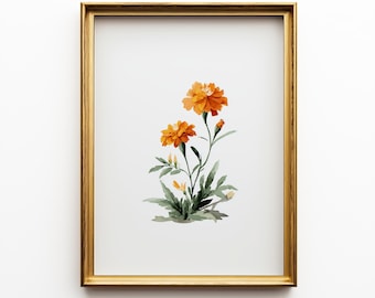 Peut inclure: Une impression d'art encadrée avec une illustration à l'aquarelle de fleurs de souci orange et de feuilles vertes. L'impression est dans un cadre doré et porte le texte "MOSH ART PRINTS" en bas.