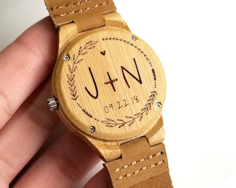 5th Anniversary Leather Watch Wood Wedding Gift for Bride from Groom Engraved Watch Wooden Watch Womens Gift for Her Wood Watch Personalized