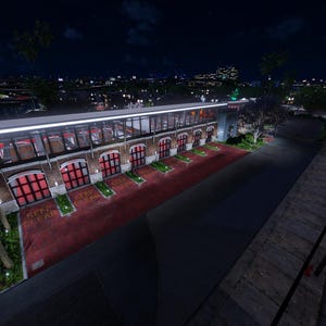 Może przedstawiać: Widok zewnętrzny nowoczesnego budynku w nocy. Budynek ma ceglaną fasadę z czerwonymi drzwiami garażowymi i przeszklonym górnym poziomem. Scena rozgrywa się na tle świateł miasta i ciemnego nieba.