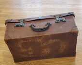 Antique large leather travel luggage suitcase trunk . Size 22x14x9 quot