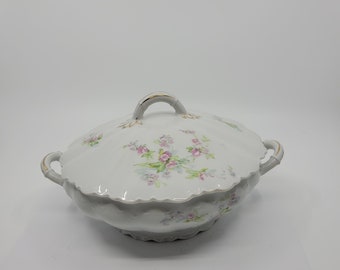 Vintage O&EG Royal Austria Round Serving Dish with Lid. 8&quot; diameter. Floral design on white background. Gold trim.