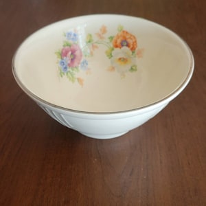 Könnte beinhalten: Weiße Keramikschüssel mit einem Blumendesign in Orange-, Rosa-, Blau- und Grüntönen. Die Schüssel hat einen silbernen Rand und einen geriffelten Rand.