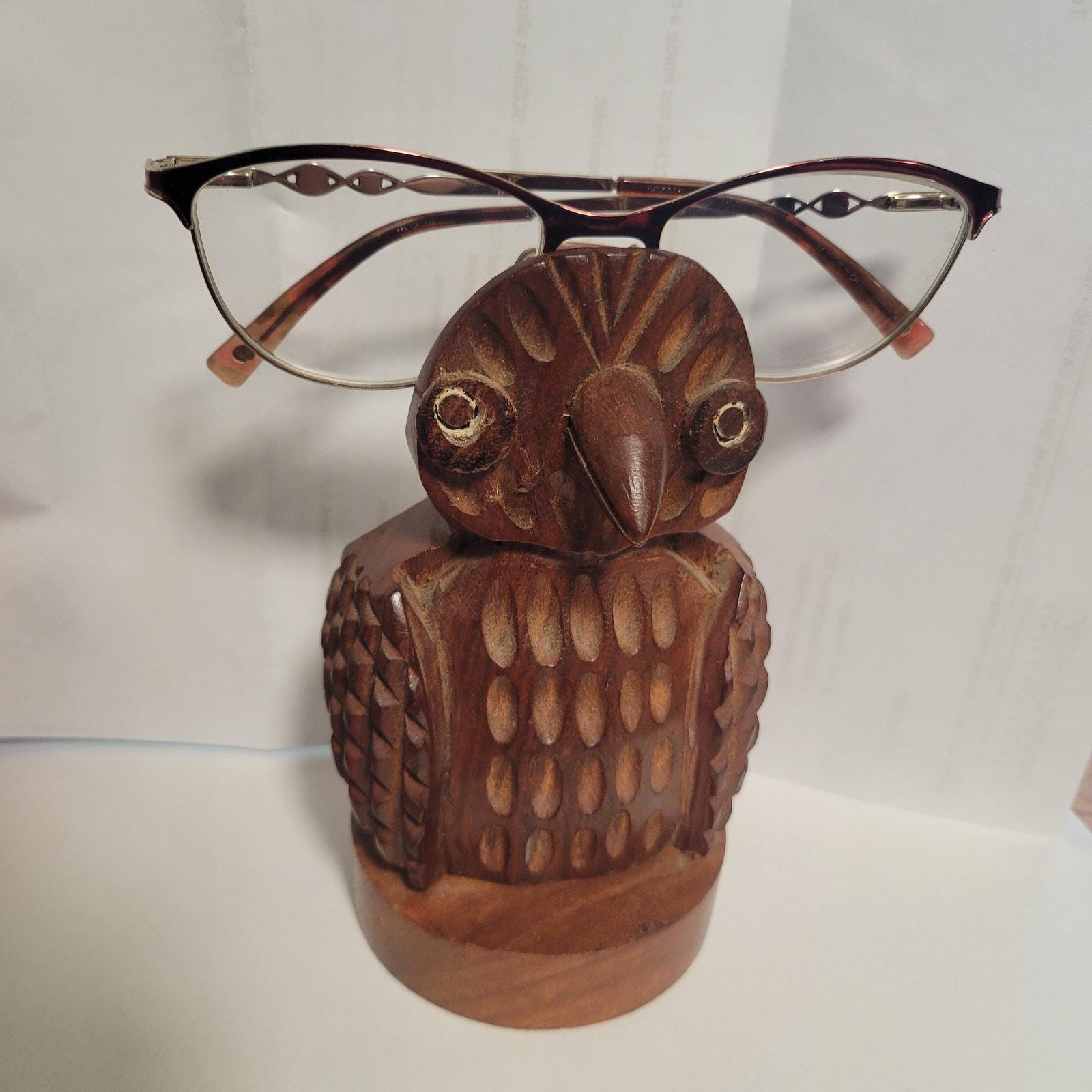Vintage Hand Carved Wooden Eyeglasses Holder Owl Figurine