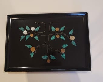 Vintage serving tray MCM Couroc of Monterey Large Money Tree with World Coins