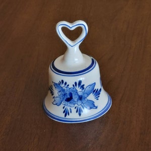 Vintage Delft Deco Heart Handle Hand Painted Windmill & Floral Bell Holland 4&quot;