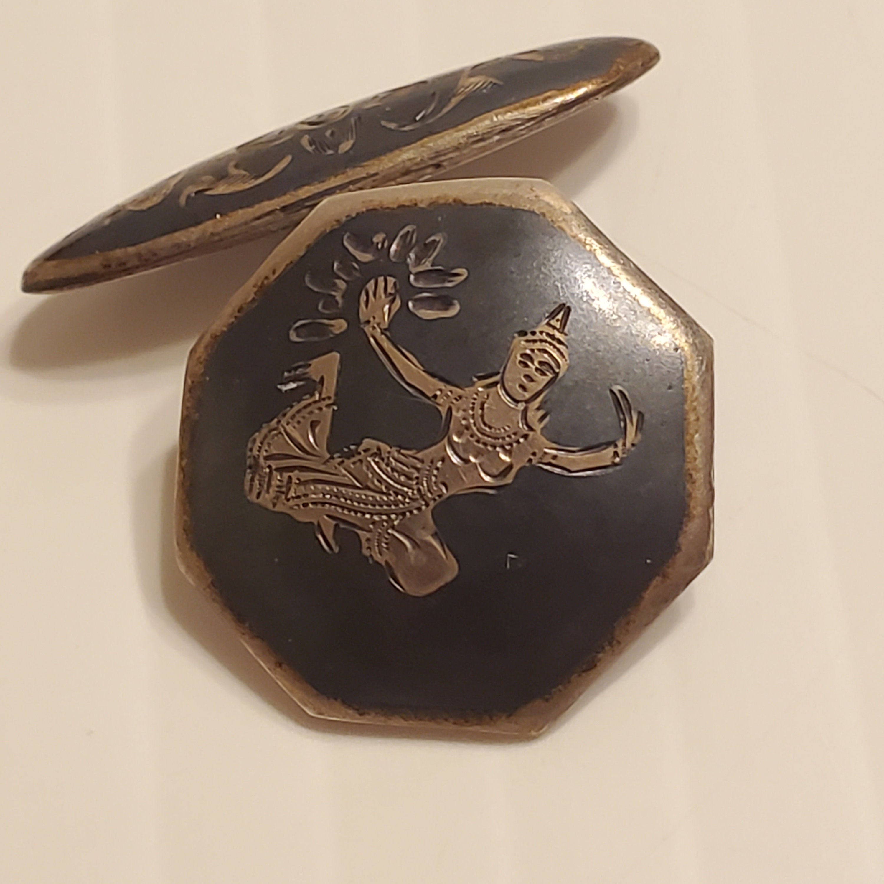Boutons De Manchette Vintage - Argent Sterling, Décor Noir Niello, Motif Danseuse - Occasion