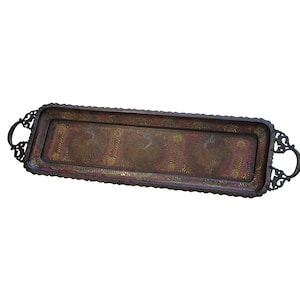 Vintage Elongated Etched Brass Tea Tray Ornate Peacock Tray Platter with Handles
