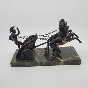 Vintage Greek Roman Spartan Warrior 2 horses Chariot Metal brass figurine sculpture with marble base.