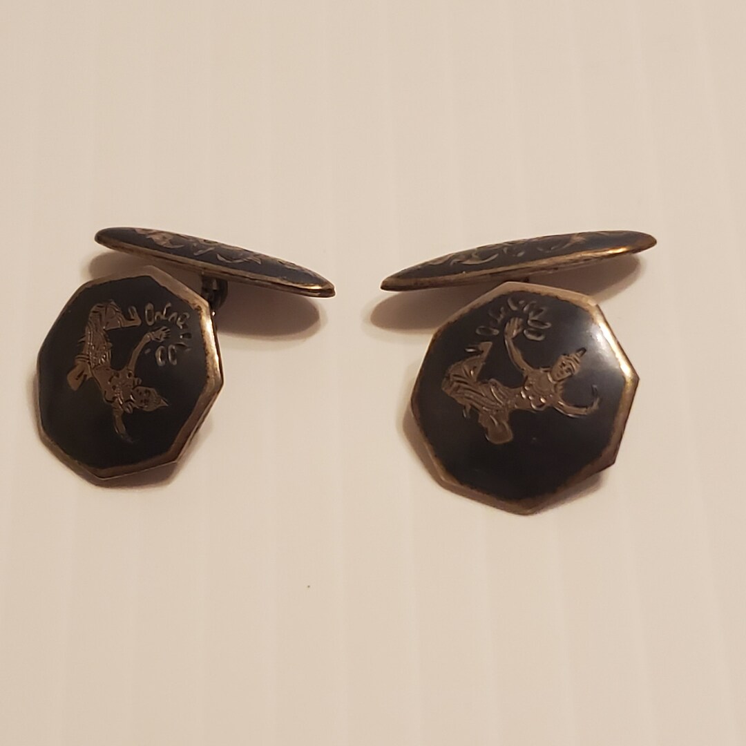 Boutons De Manchette Vintage Siam Argent Sterling Noir - Motif Danseuse Niello - Occasion, état Bon
