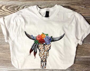 Floral Cow Skull T Shirt, Western T Shirt, Western Style, Cowgirl Style, Summer T Shirt