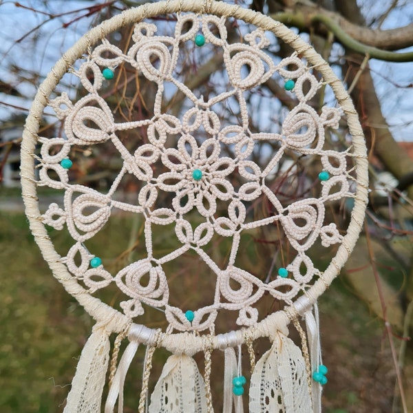 Dream catcher - Dreamcatcher - Decoration - Handmade Made in ITALY - Ecru color with aquamarine green beads (14 cm in diameter)