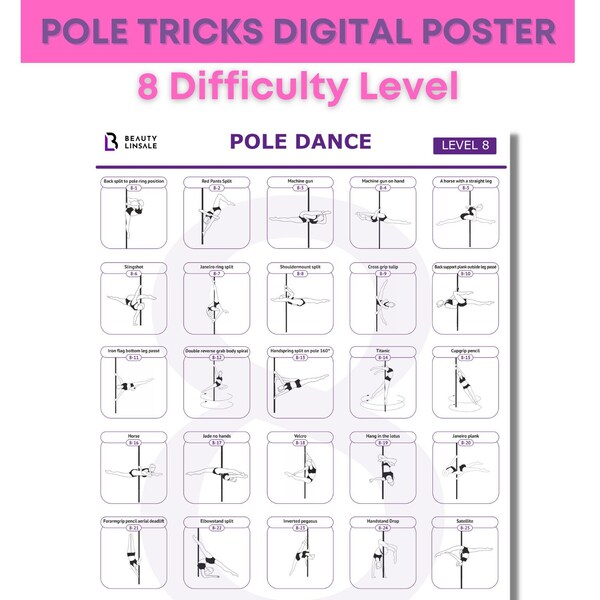 Poster stampabile trucchi di pole dance 8 livelli / Mosse di pole dance / Poster di pole fitness / Regali di pole dance / Arredamento Pole Studio / Forme di pole