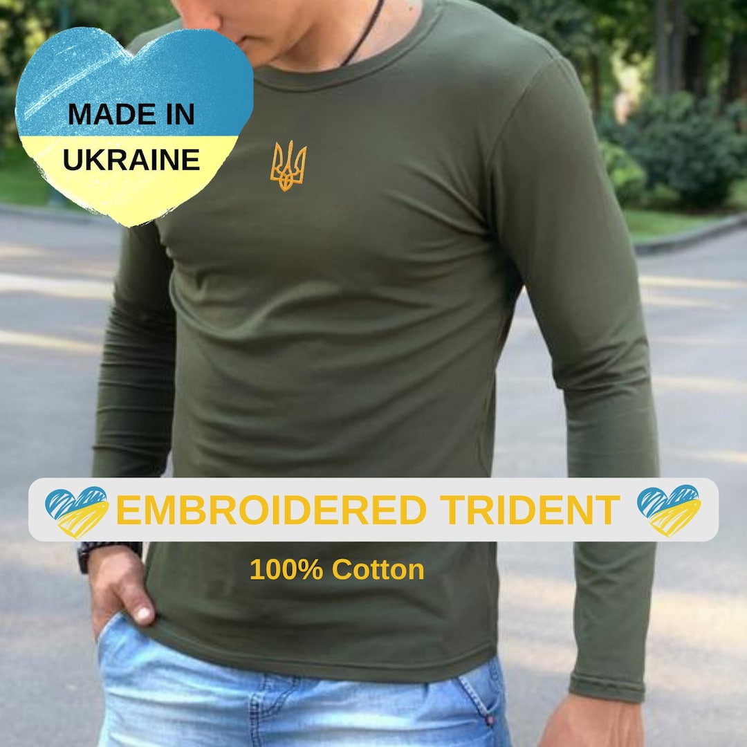 Zelensky Shirt Long Sleeve With Embroidered Ukrainian Tryzub From