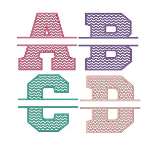 May include: Four split monogram letters with a chevron pattern. The letters are A, D, C, and D. The letters are in pink, purple, teal, and peach.