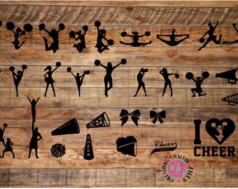 May include: A set of black silhouette cheerleading clipart images. The images include cheerleaders in various poses, pom-poms, megaphones, and the words "Cheer" and "I love cheer".